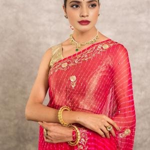 Pink Pure Georgette Lehariya Saree | Aari, Sequin & Resham Work | Jaipurio Designer Collection